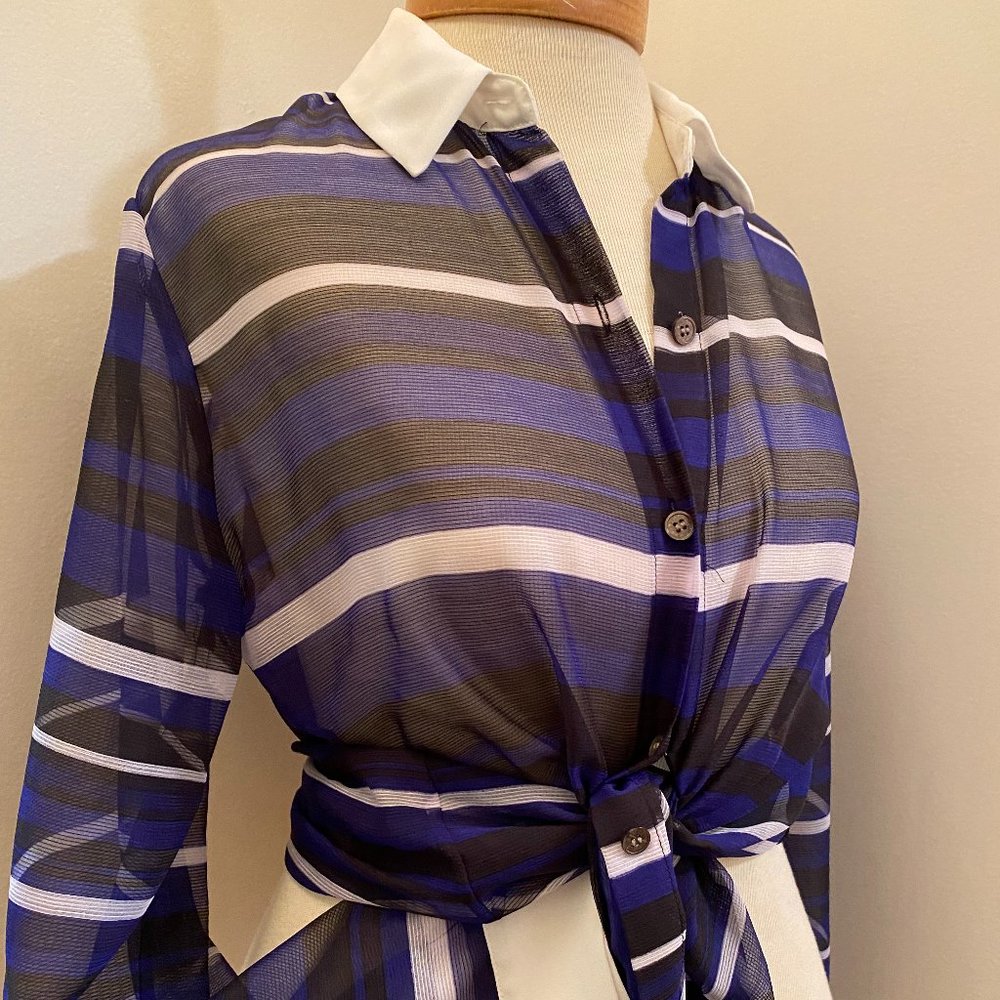 Vince Camuto sheer white black royal stripe blouse with white collar and cuffs